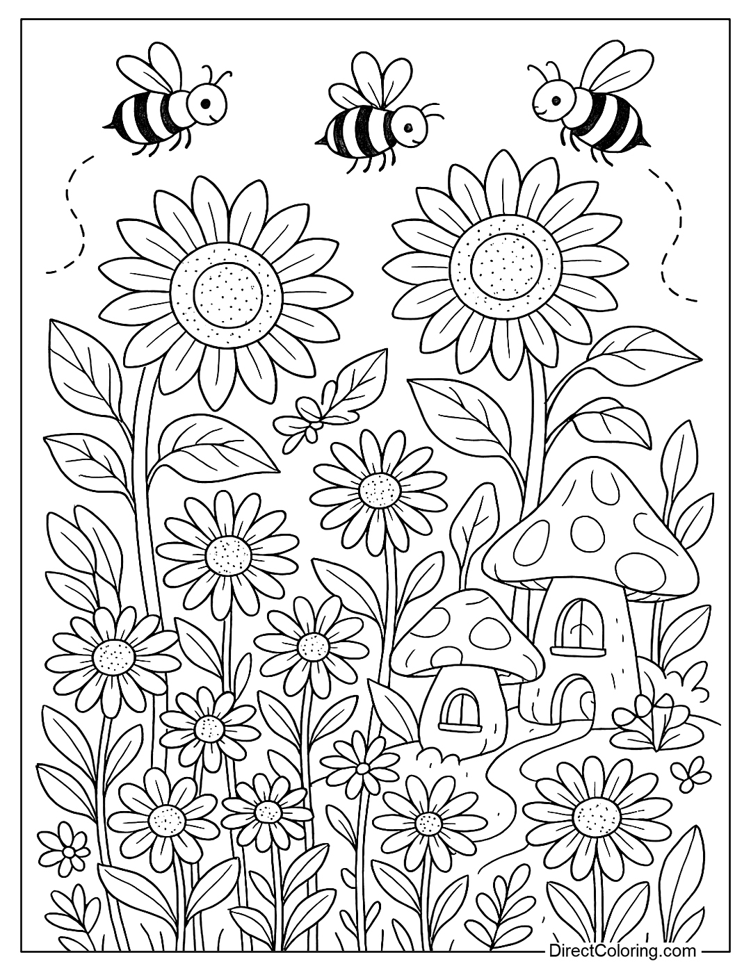 a colorful June garden coloring page with sunflowers, daisies and flying bees